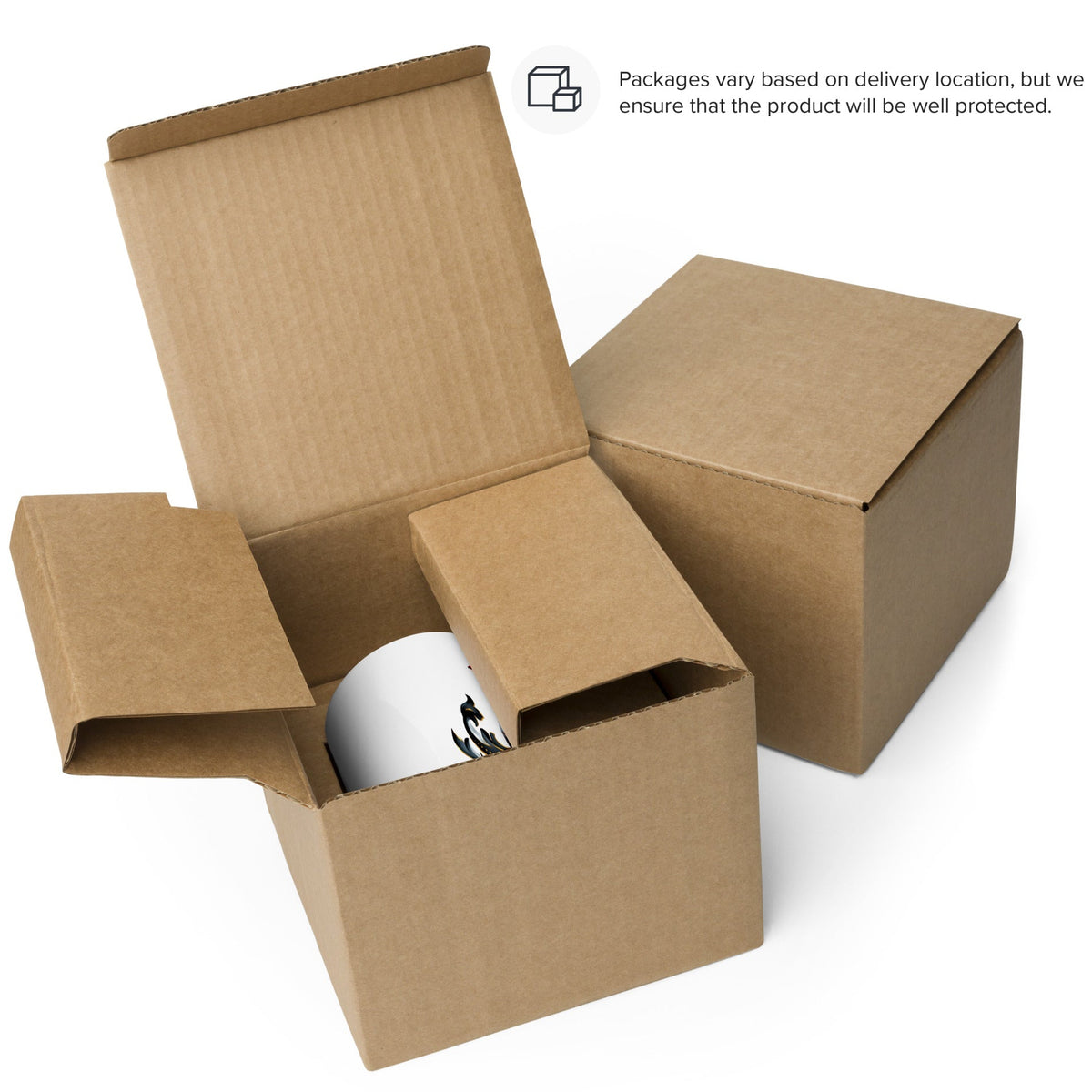 Brown cardboard shipping boxes shown on a white background, with one open box containing a white mug and a small explanatory note in the upper right explaining thet packaging may vary depending on delivery location.