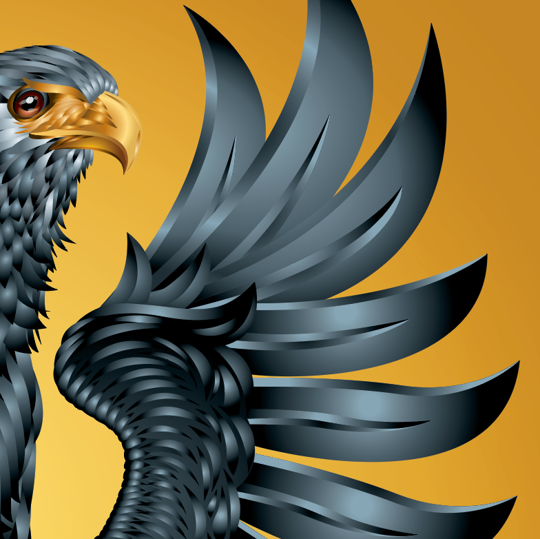Browne Family Crest illustration close up of eagle spreading wing on a gold background