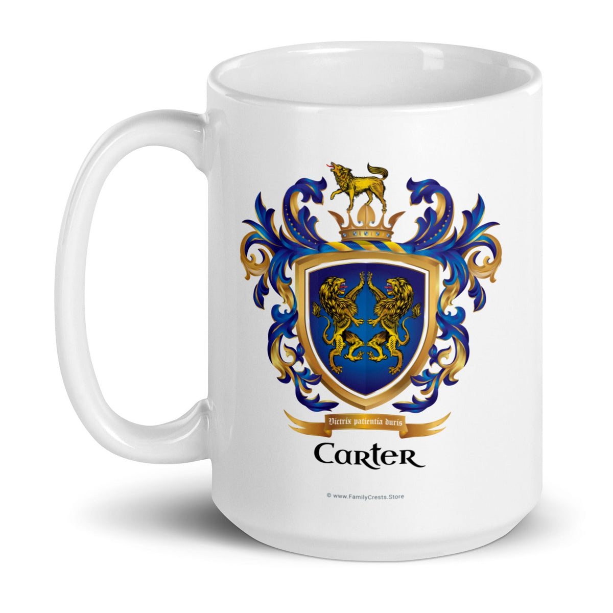 A white mug with the Carter Family Crest featuring 2 lions on a blue shield and a wolf on a crown on the crest above the shield.