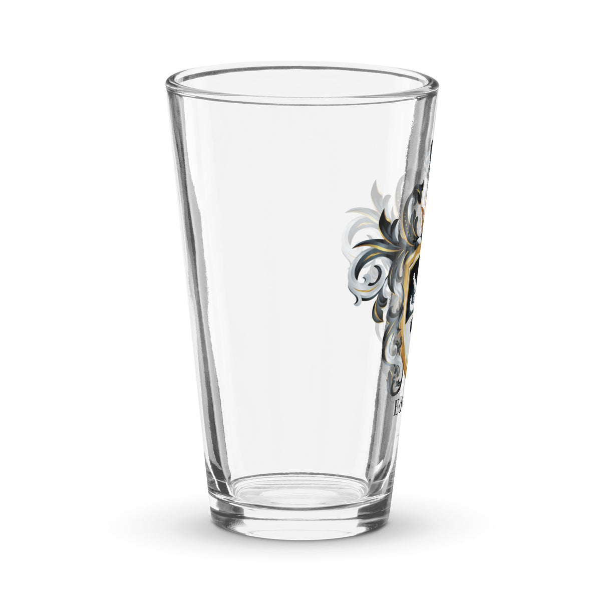 A clear classic pint beer glass on a white background, printed with the Edwards Family Crest - right side view.