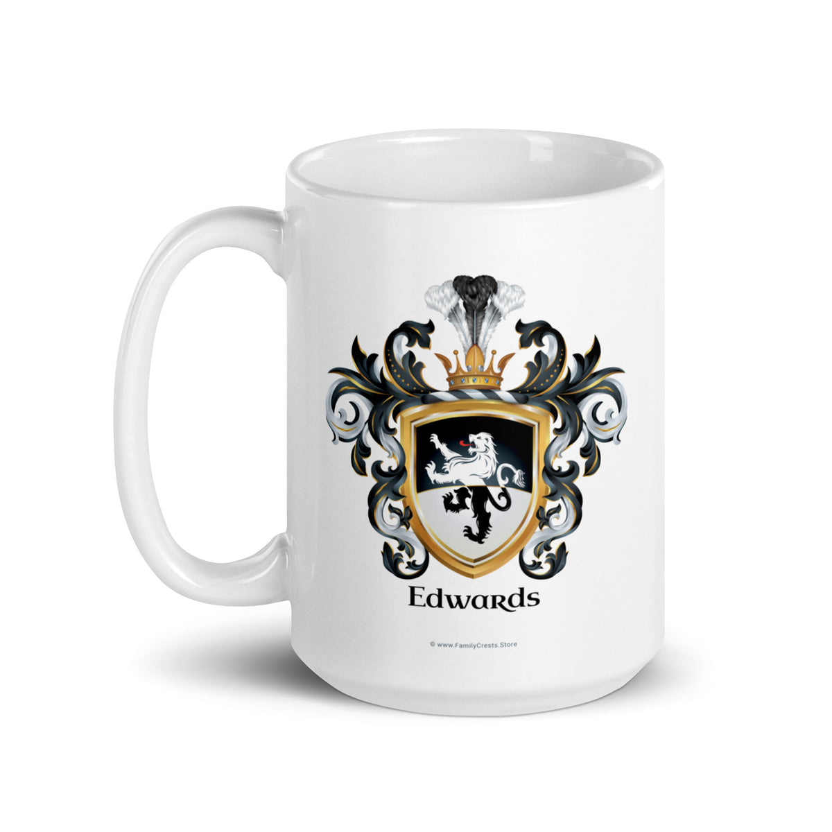 A white mug on a white background, printed with the Edwards Family Crest which features a lion on a horizontally split black and white shield. The mug's handle is shown to the left.