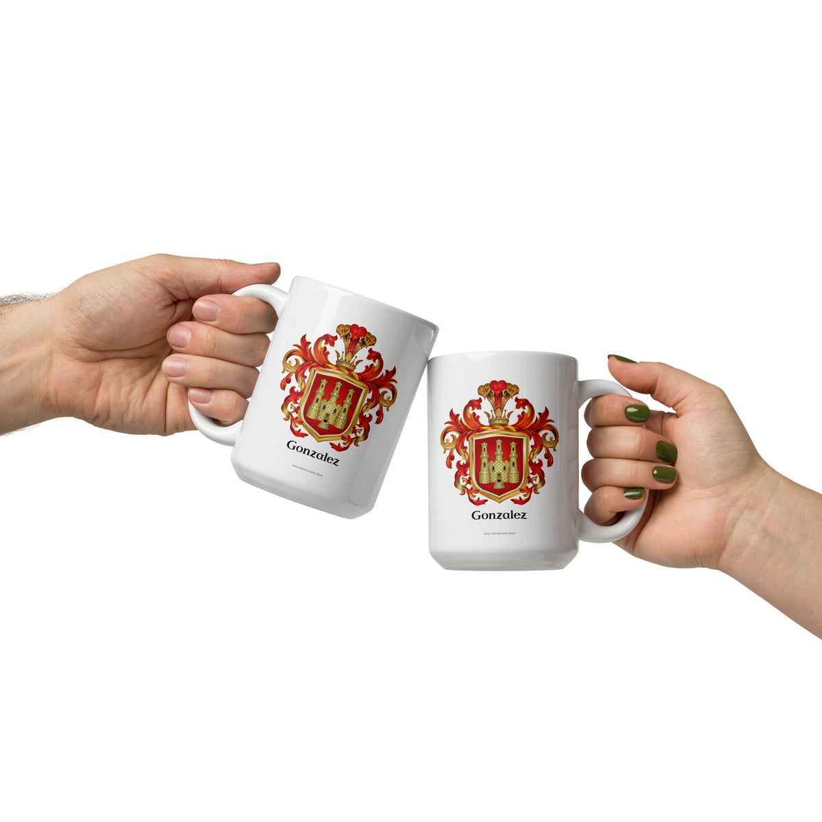 Two hands holding white mugs with a Gonzalez Family Crest design on a white background