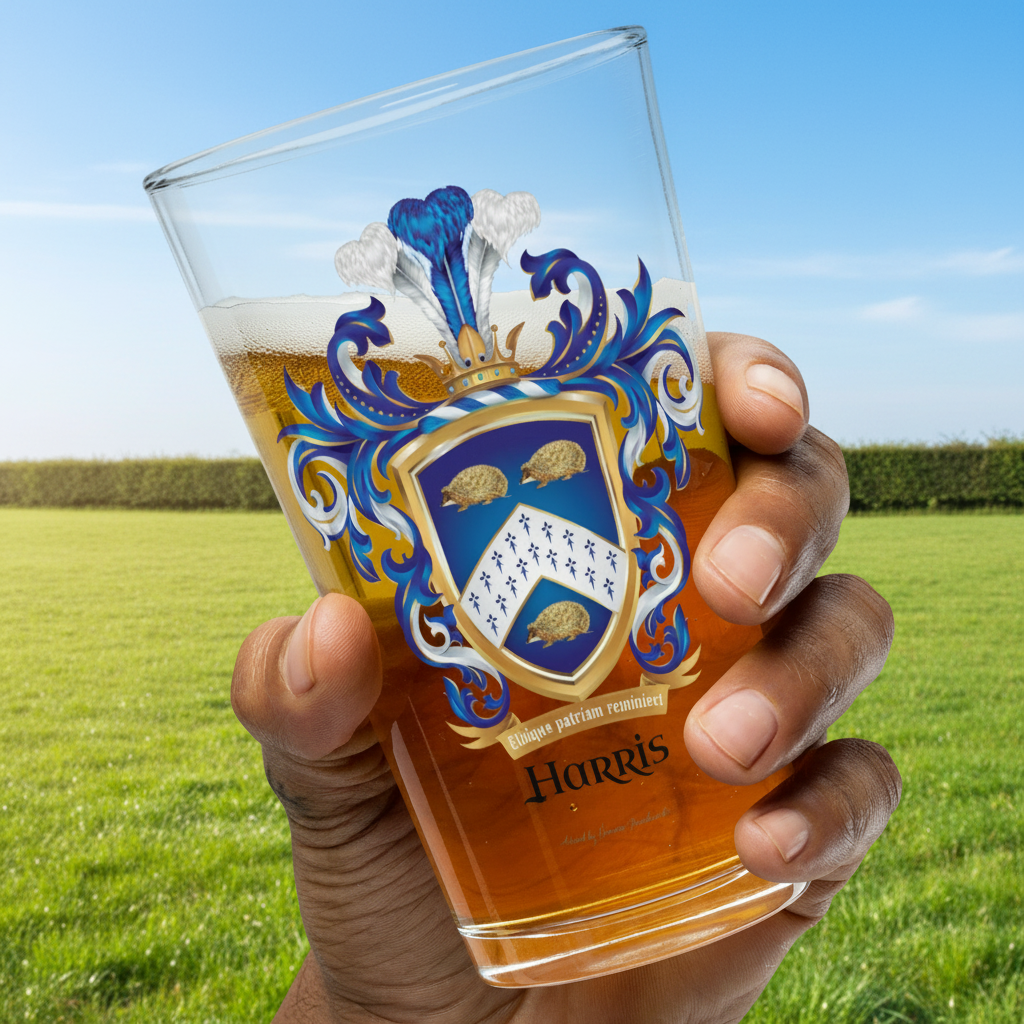 A hand holding a pint beer glass full of beer with the Harris Family Crest printed on the glass. Pictured against a rural scene with a hedge in the distance on a blue sky day.