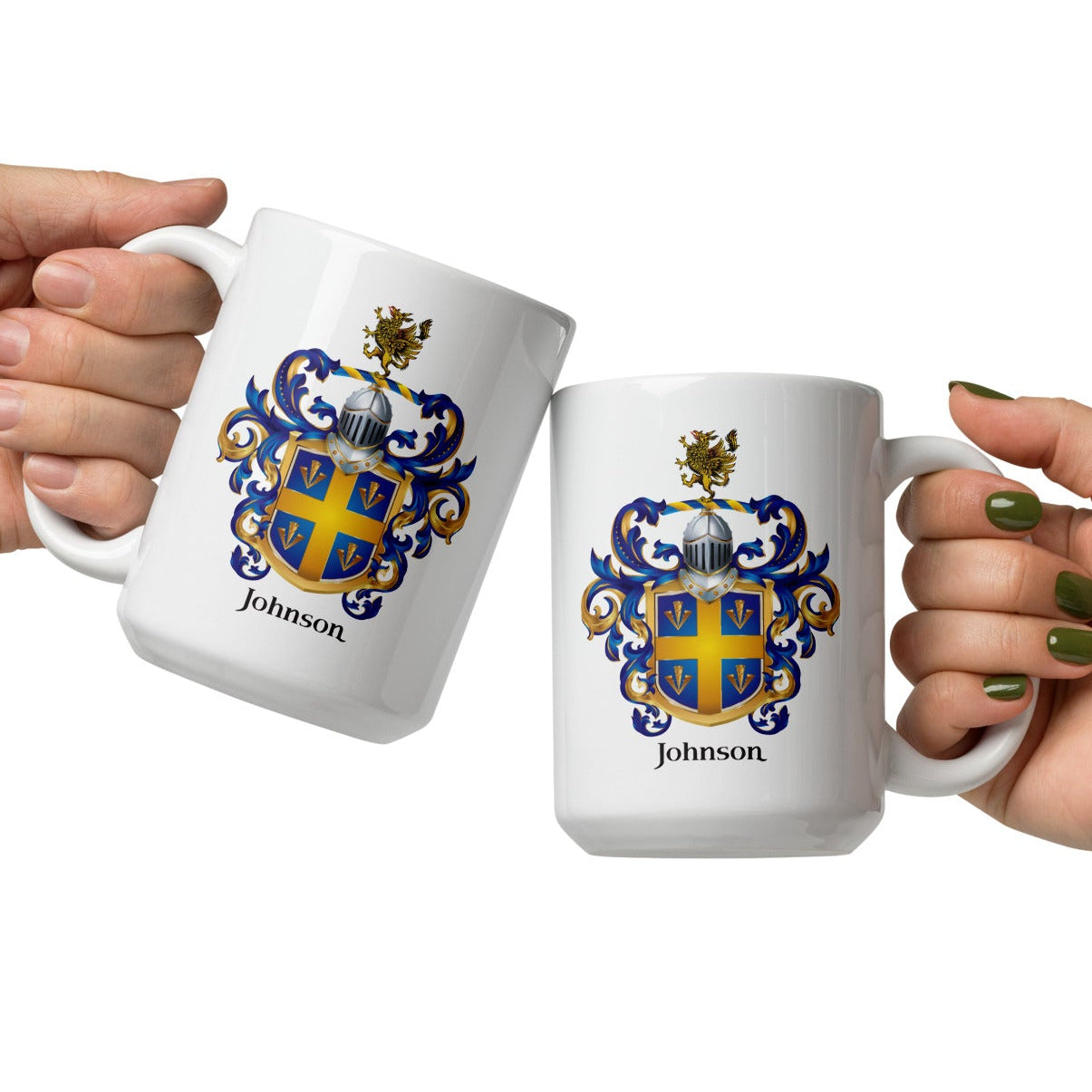Two hands holding white mugs with Johnson crest designs on a white background