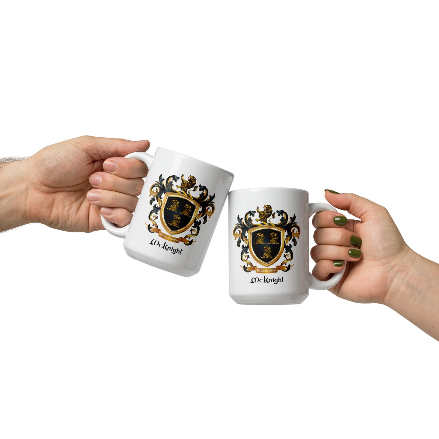 Two hands holding white mugs with McKnight Family Crest and text on a white background