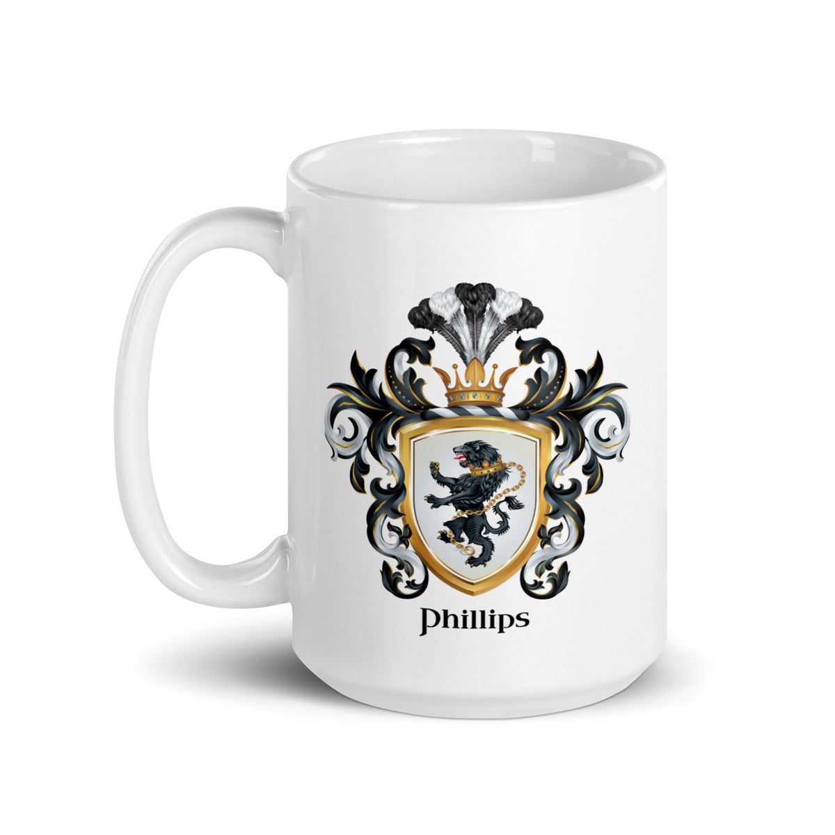 A white mug featuring the Phillips family crest showing a black lion with a gold chain on a white shield