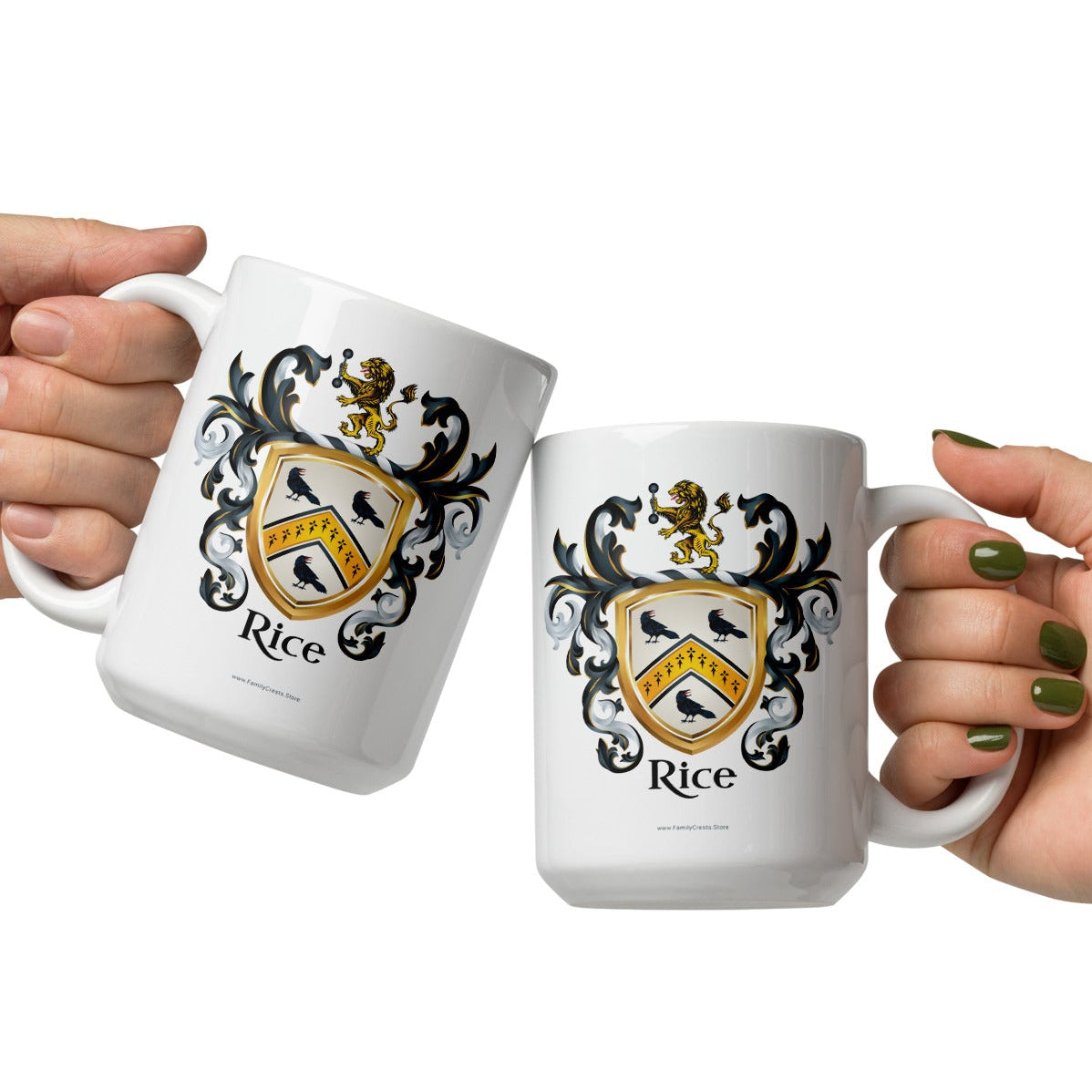 Two hands holding mugs with Rice family crest illustrations on a white background