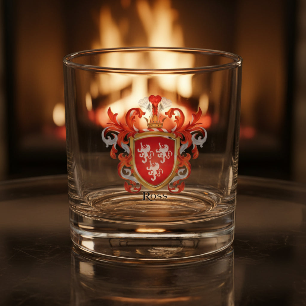 Clear glass with a Ross coat of arms and 'Ross' text with fireplace in background