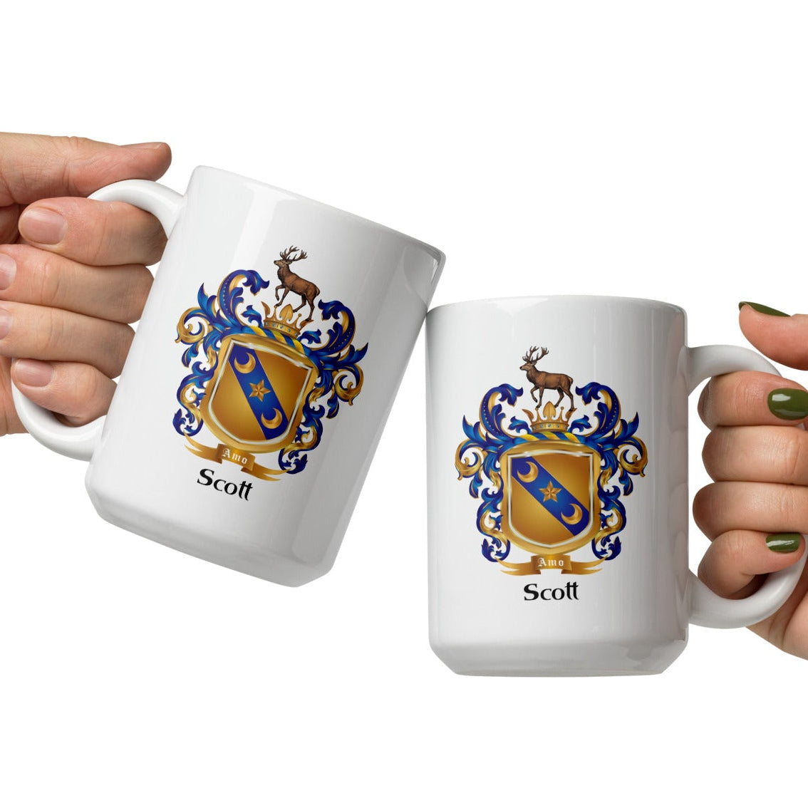 Two hands holding mugs with the Scott Family Crest featuring a stag on the crest of a gold shield with the motto 'Amo'