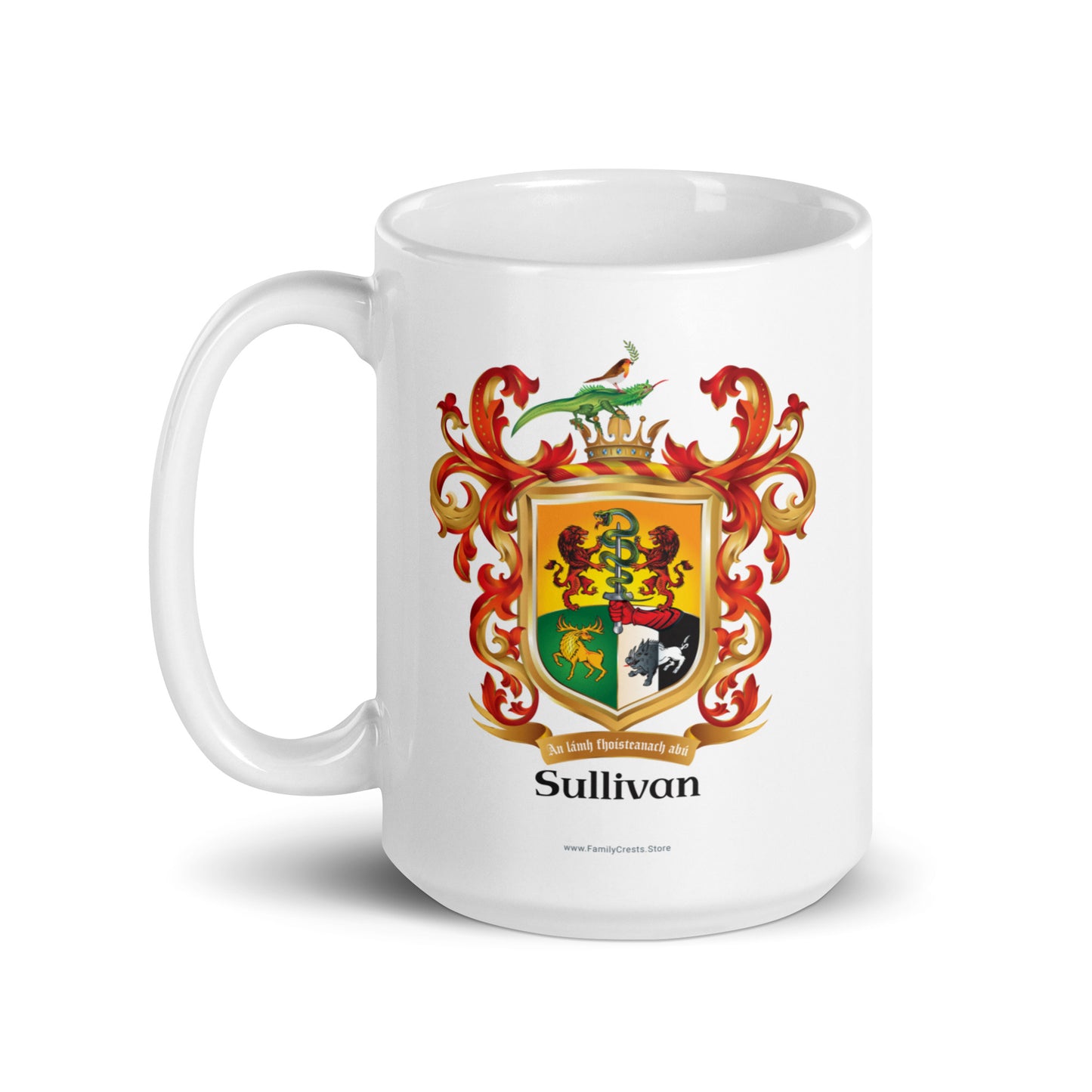 Sullivan_Family_Crest on white mug with handle on right on white background