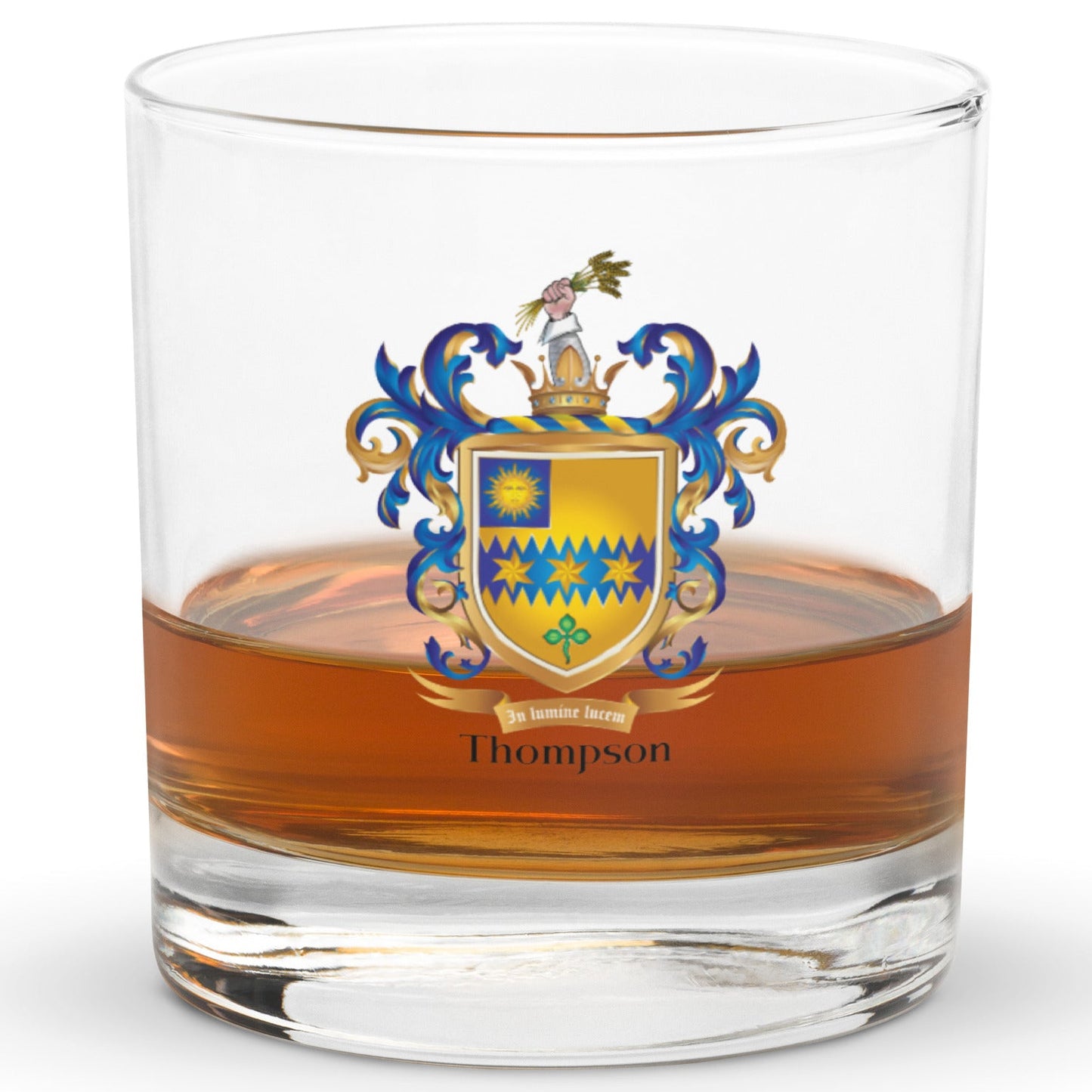 Whiskey glass with a family crest and the name 'Thompson' on a white background