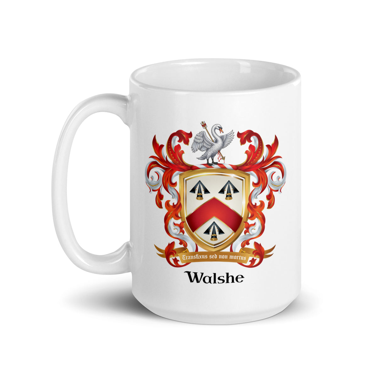 A white mug with the handle on the left on a white background with the Walshe Family Crest printed on the mug. The coat of arms features three black arrowheads and a red chevron on a white shield with a wounded white swan on the crest above the shield.