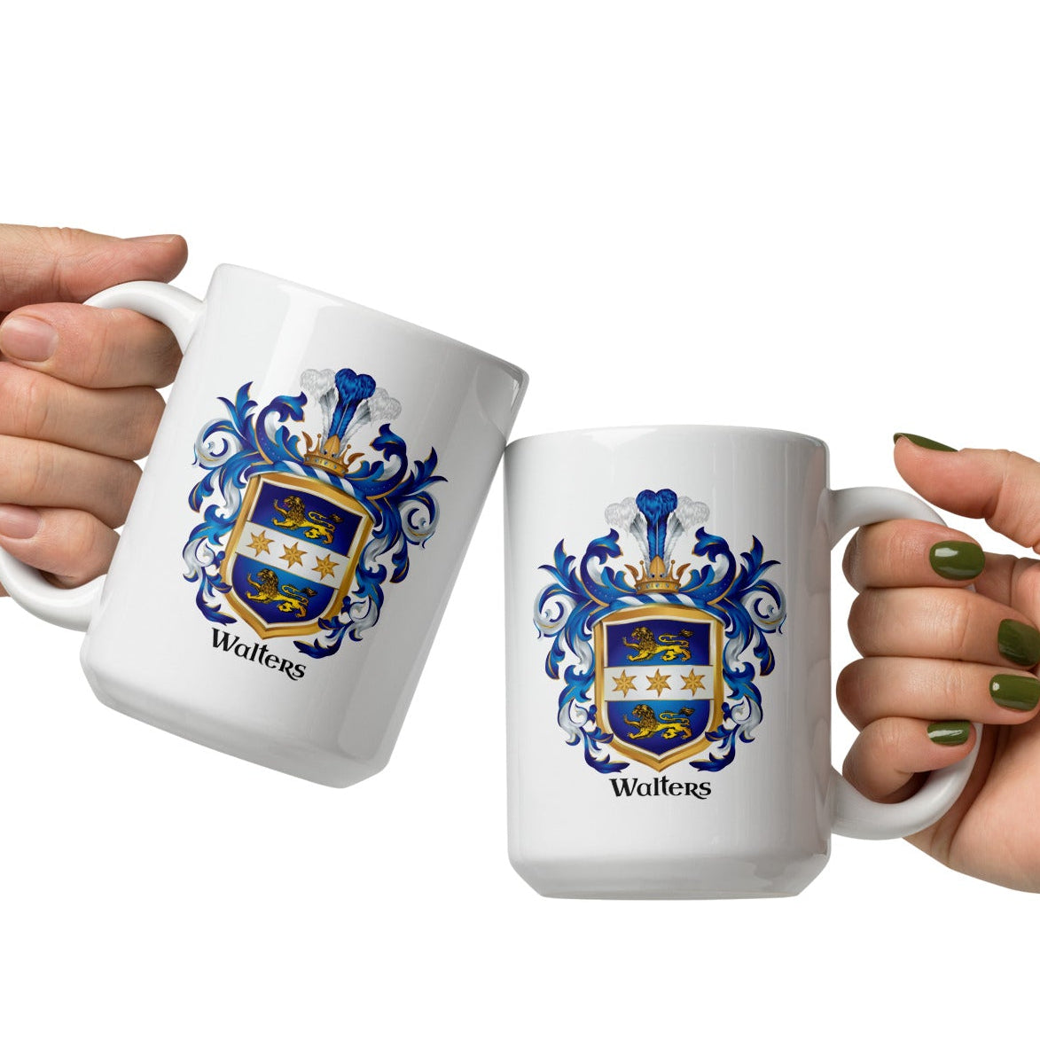Two hands holding mugs with Walters Family Crest against a white background