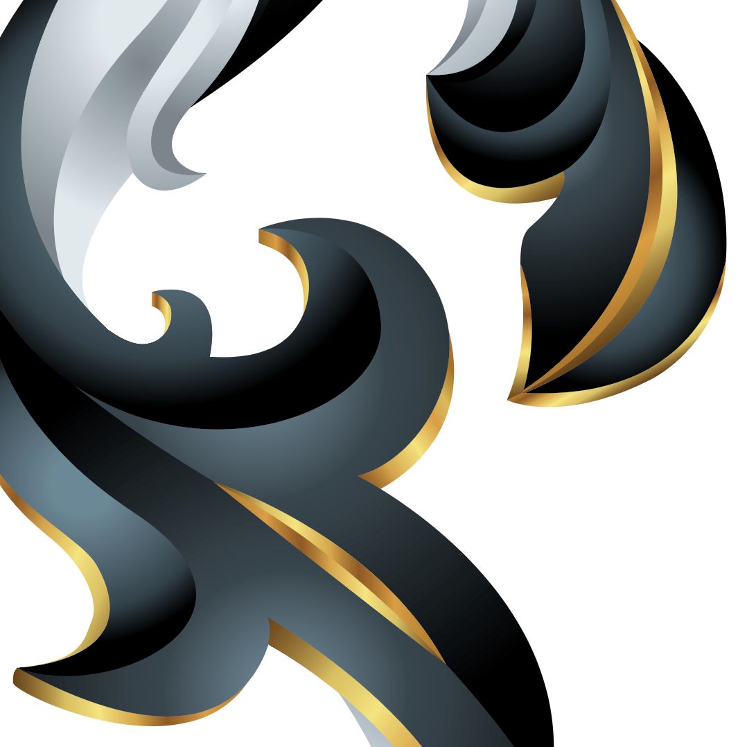 A closeup of the Watkins Family Crest featuring black and silver ribbon-like mantling elements with gold edges on a white background.