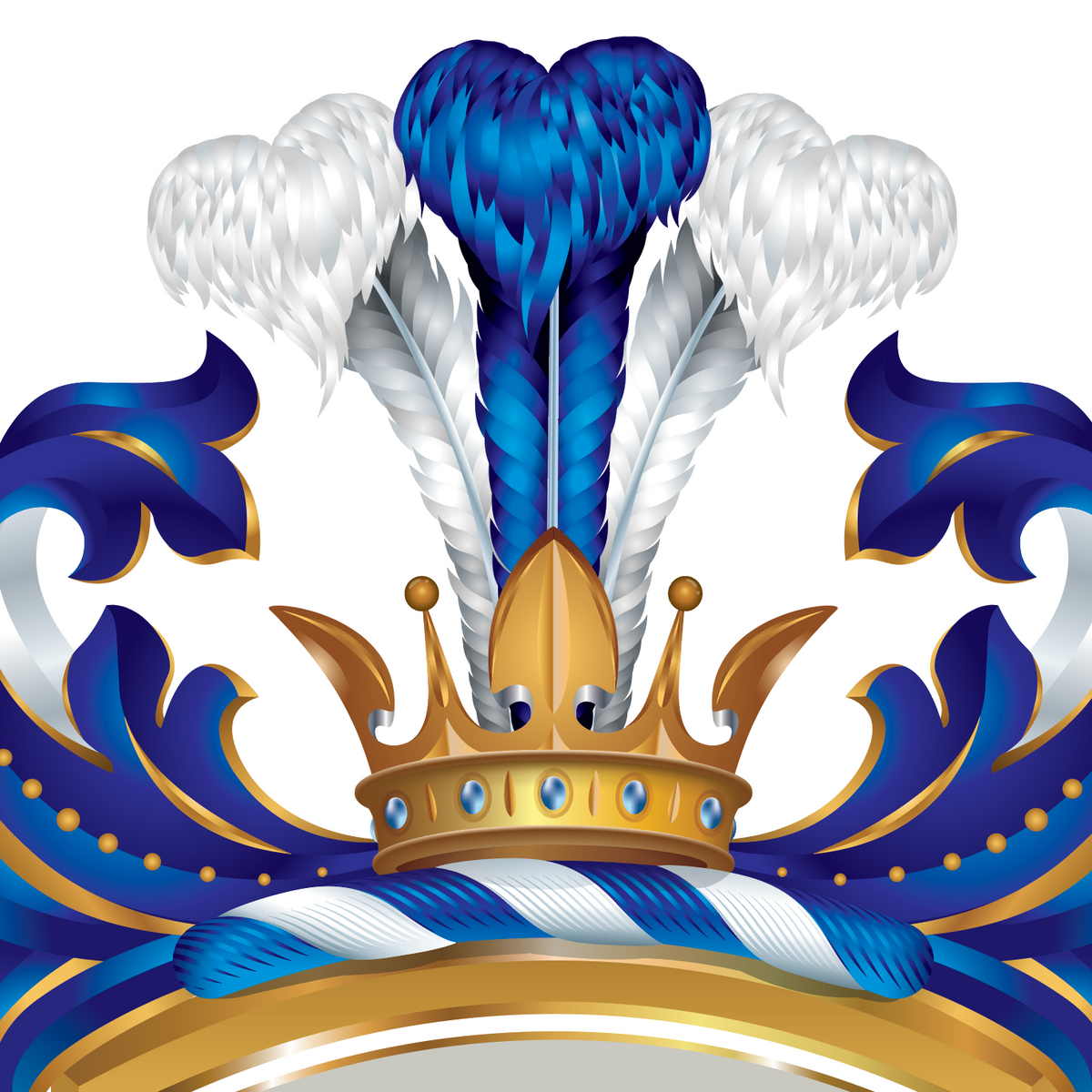 A closeup of the Watson Family Crest featuring a gold crown, blue and white feathers, blue scrollwork, and a blue-and-white striped ribbon on a white background.