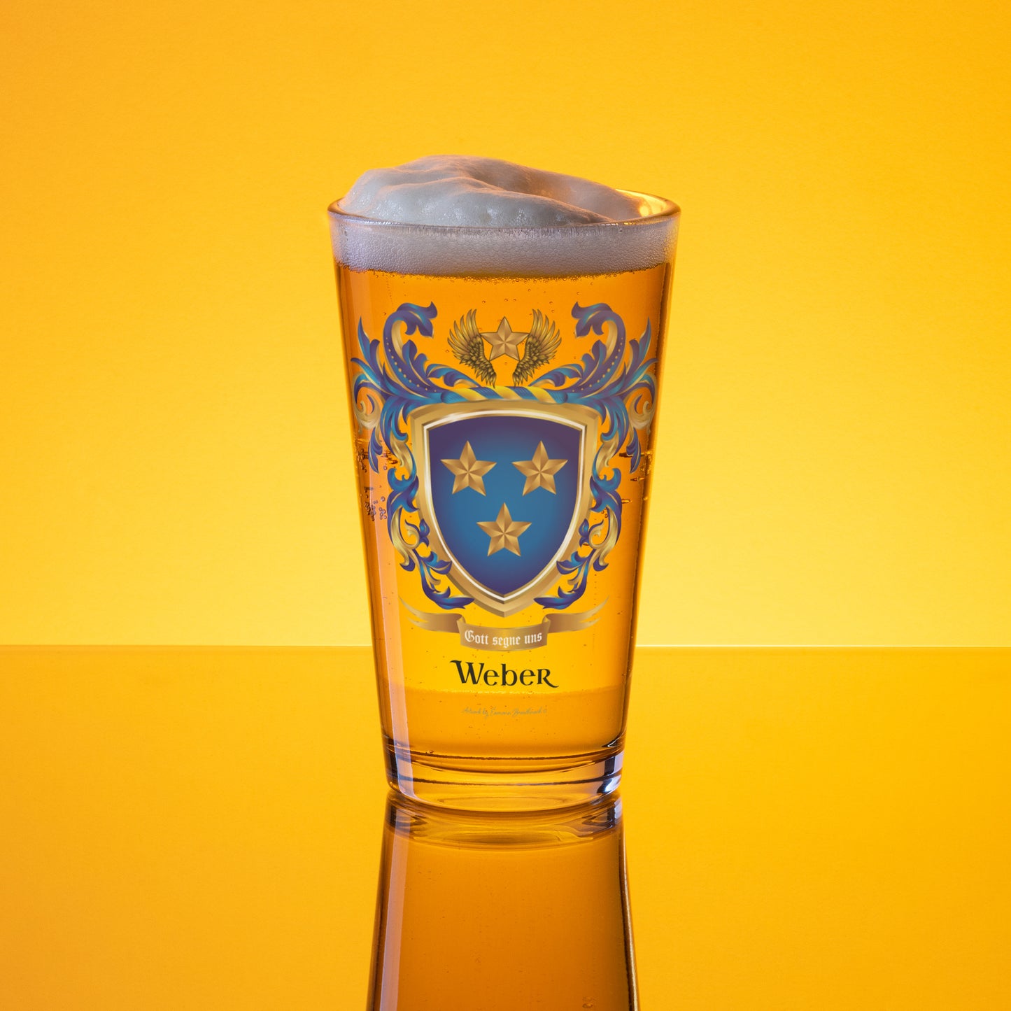 A clear beer glass filled with golden beer and topped with white foam, featuring a blue and gold crest design with the brand name Weber, set against a bright yellow gradient background.