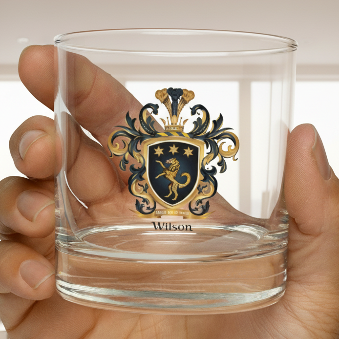 Hand holding a clear glass with a Wilson coat of arms design with a gold wolf