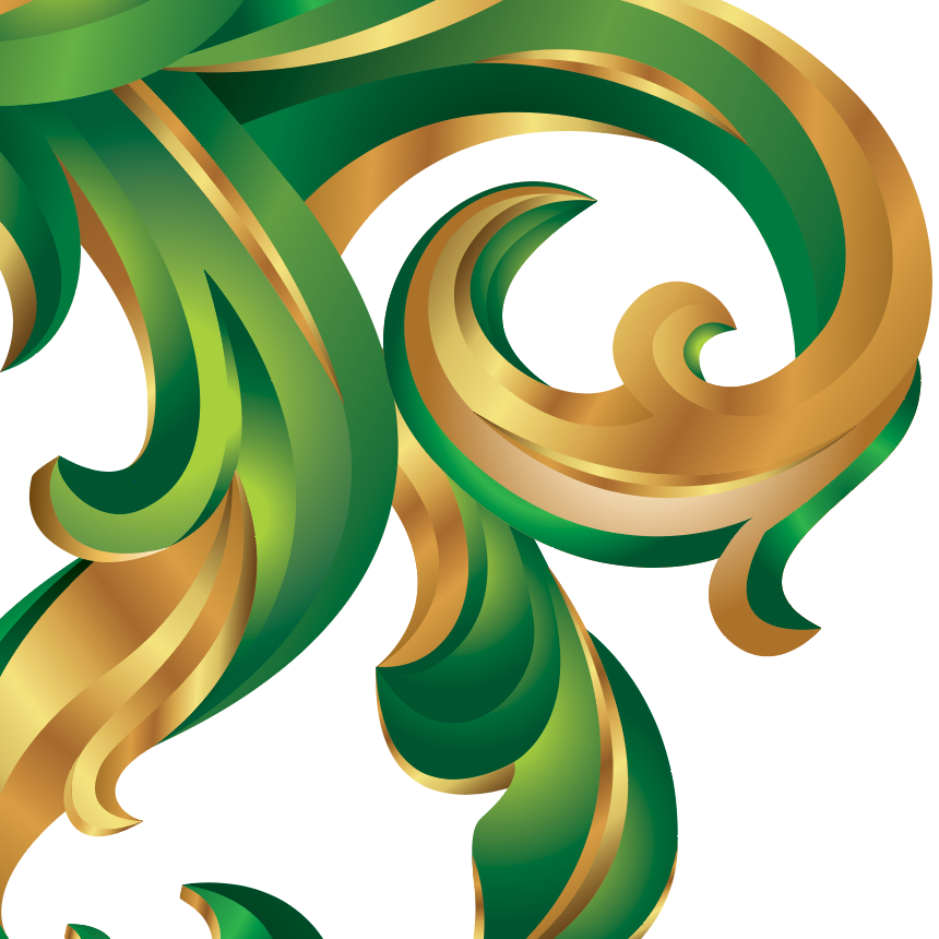 Close up of the Woods Family Crest featuring a green and gold ribbon-like msntling on a white background.