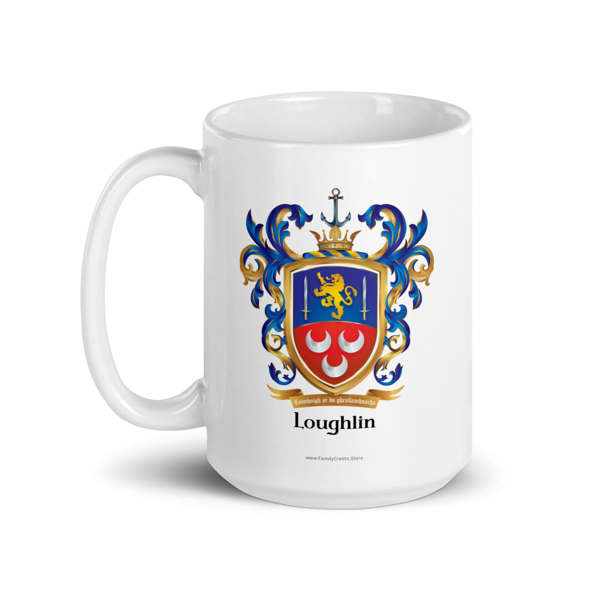 A white 15 oz mug with a slightly beveled base and the handle facing left featuring a printed Loughlin family crest with a gold lion, two swords and 3 silver crescents and the name Loughlin below a motto ribbon, shown on a white background.