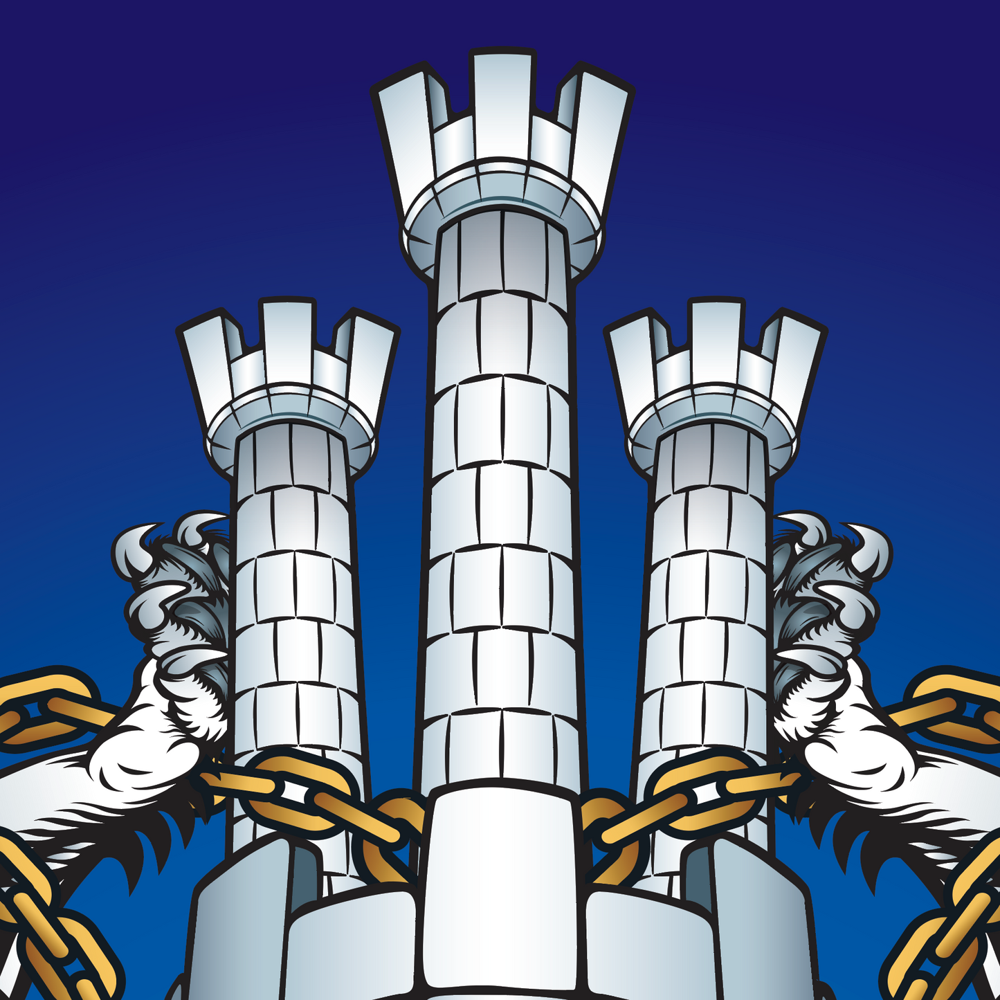 A closeup of coat of arms crest showing a castle with three towers, flanked by two white lions paws holding gold chains.