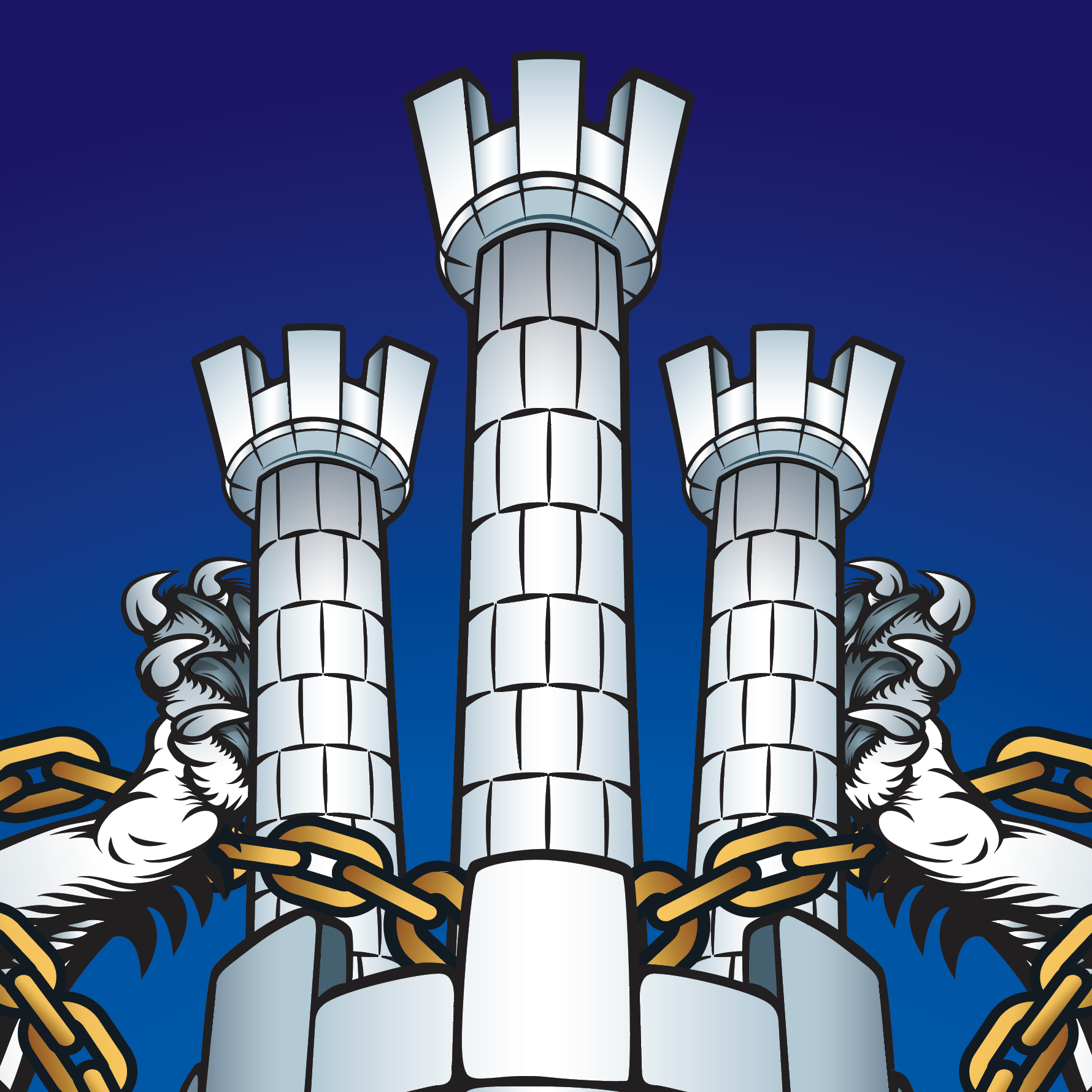 A closeup of coat of arms crest showing a castle with three towers, flanked by two white lions paws holding gold chains.