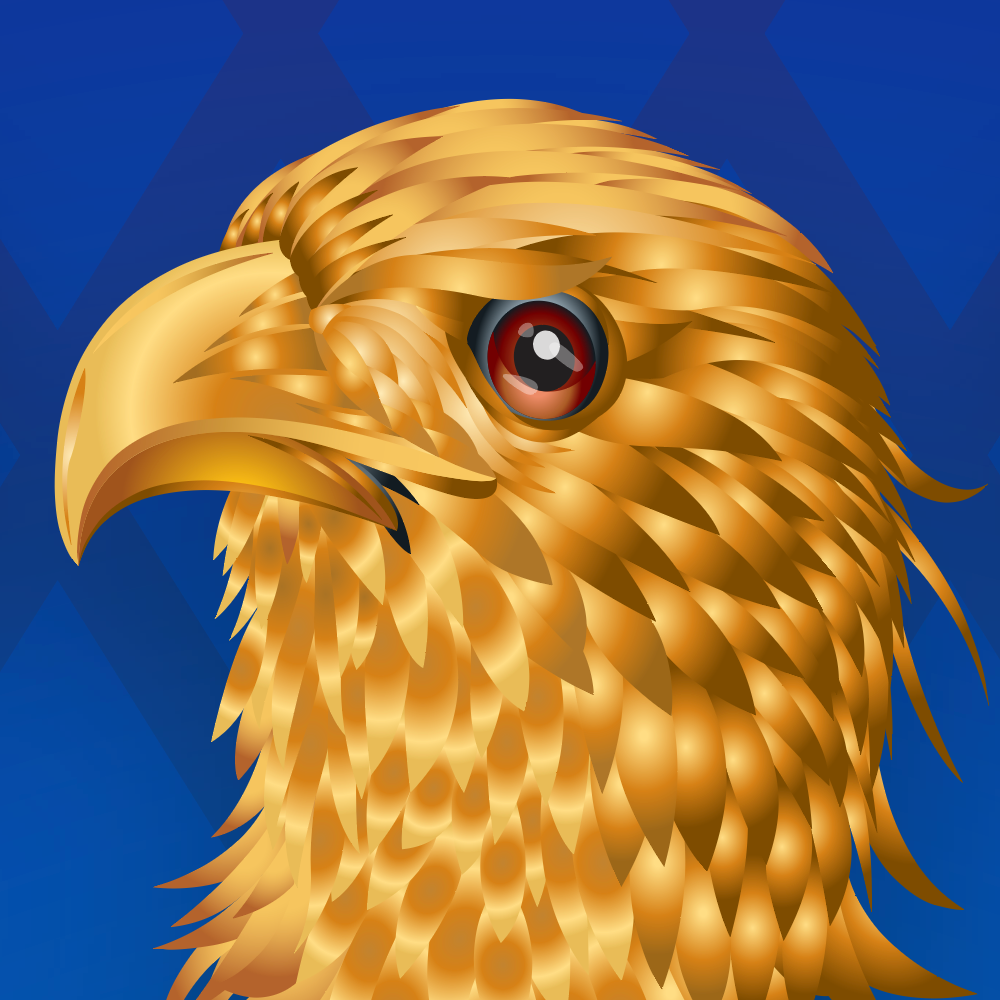 A close up detail of family crest of a golden eagle's head in profile against a blue background.
