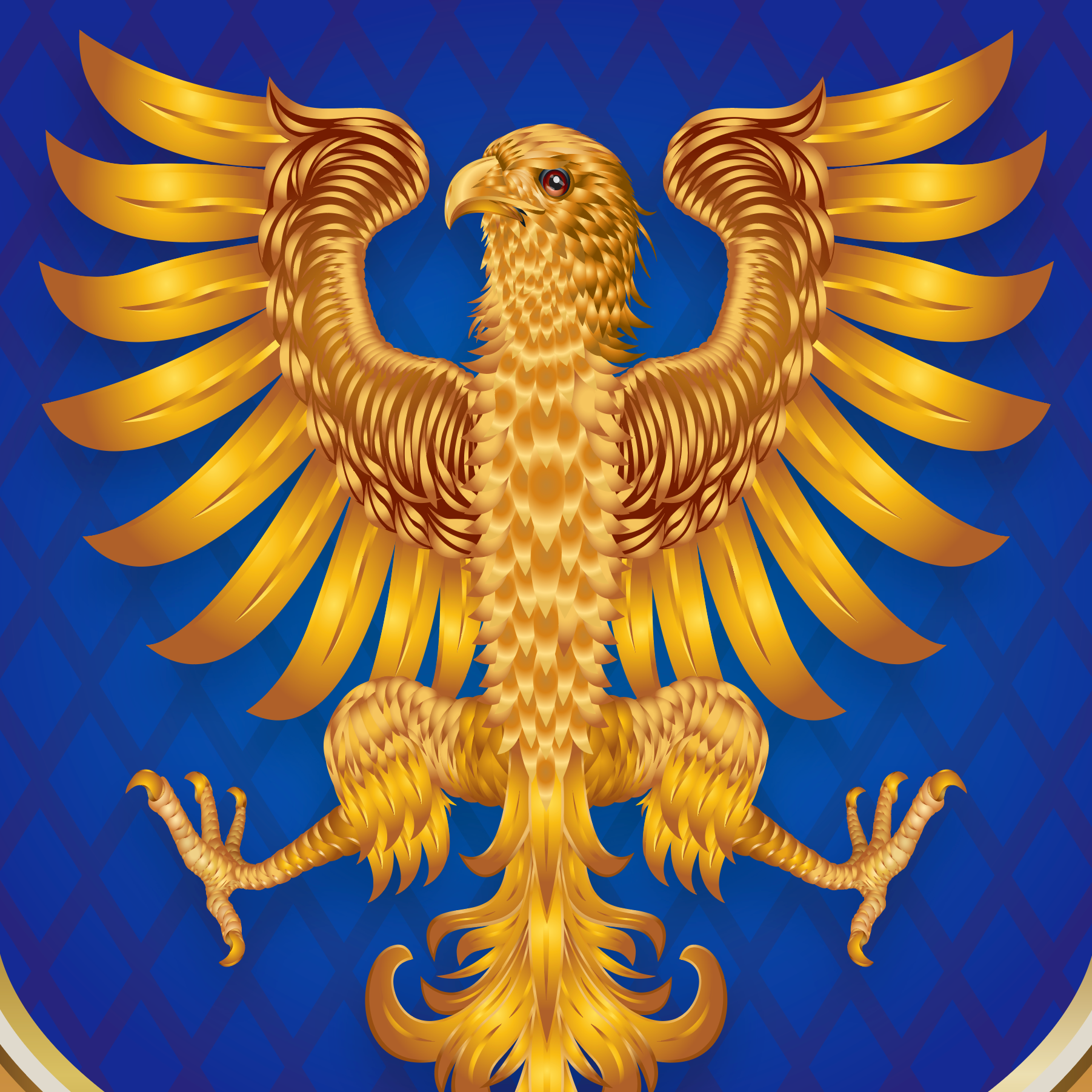 A close up detail  from family crest with golden eagle with outstretched wings on the blue background of the shield.