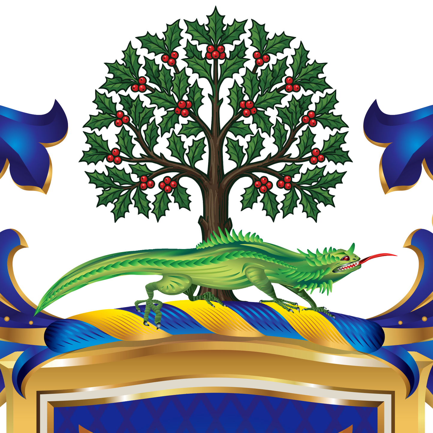 A close up detail of crest of heraldic-style illustration featuring a green lizard standing on a blue and gold crest, with a holly tree and red berries above on a white background.