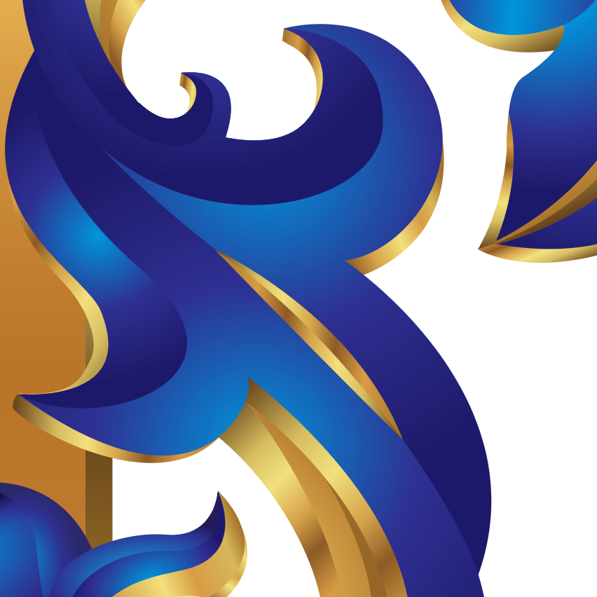 A close up detail of family crest with flowing blue ribbon mantling on a white background, with a tan/gold vertical panel at left.