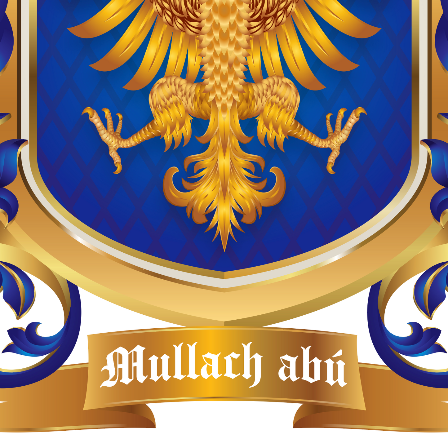 A close up detail from the family crest with decorative heraldic crest featuring a golden eagle on a blue shield, with ornate gold and blue mantling and a gold banner reading 'Mullach abu' at the bottom.