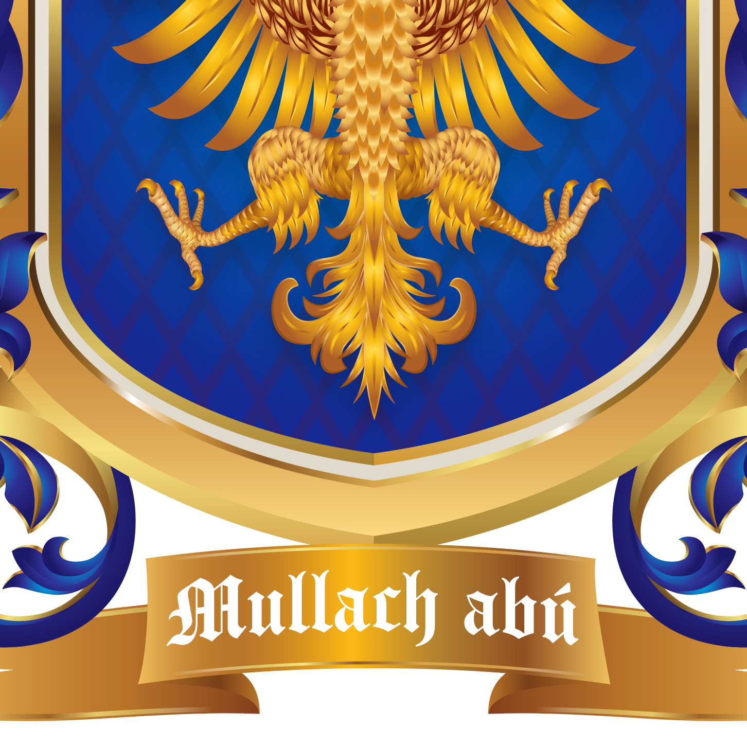 A close up detail from the family crest with decorative heraldic crest featuring a golden eagle on a blue shield, with ornate gold and blue mantling and a gold banner reading 'Mullach abu' at the bottom.