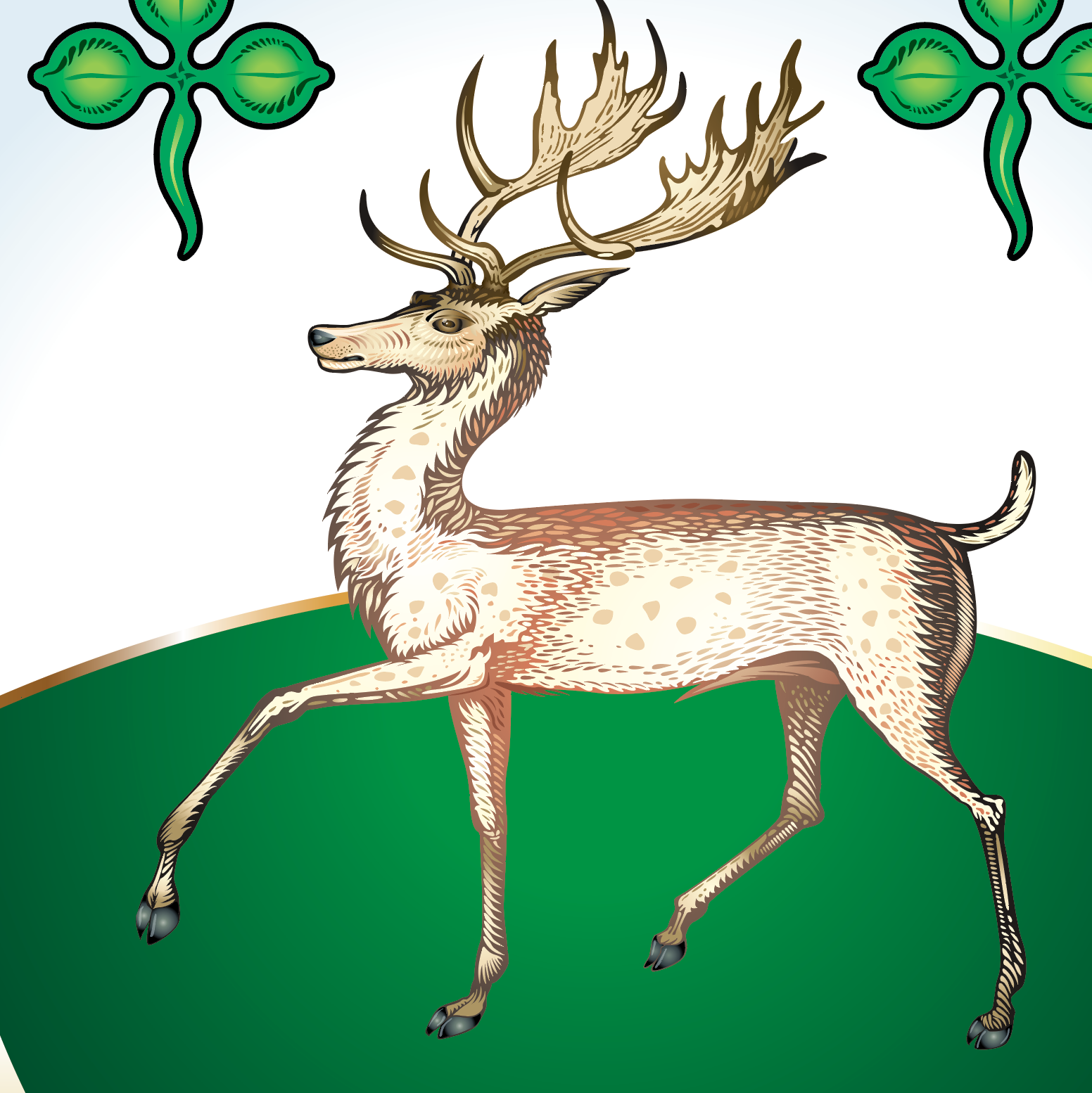 A close up of a white stag on a green and white background with 2 green trefoils