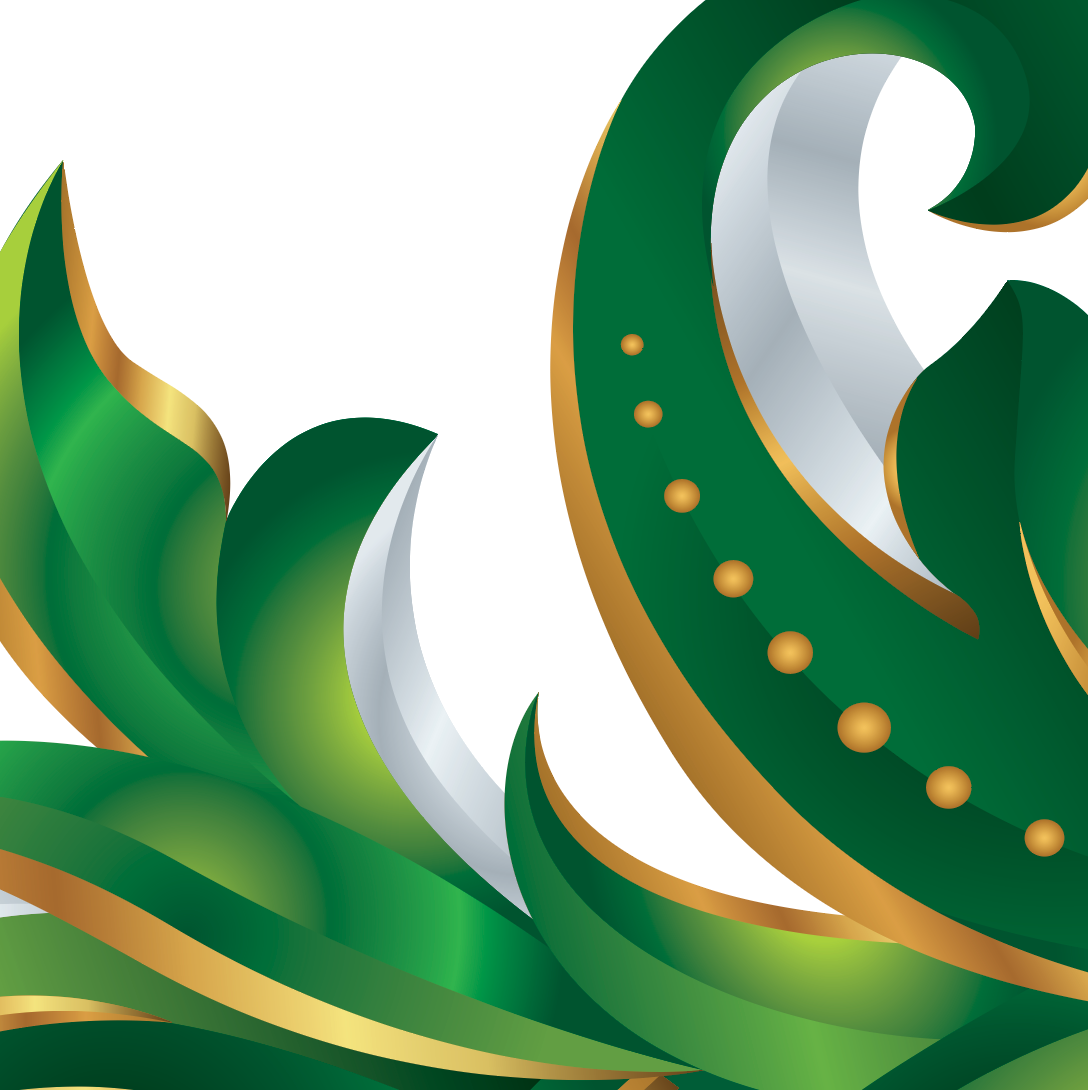 A close up of family crest green and white mantling on a white background