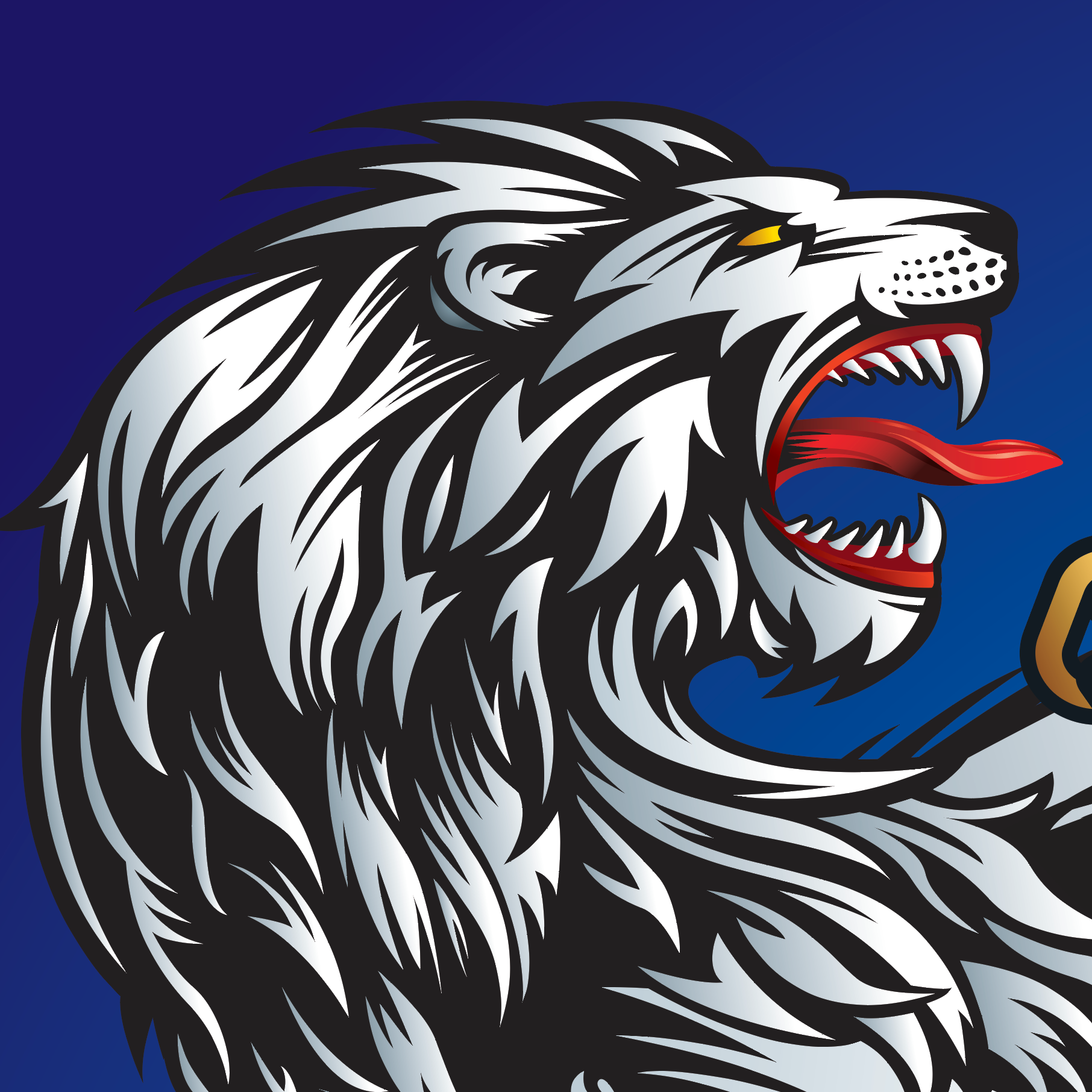 A closeup of the crest showing a roaring lion head and upper body heraldic style illustration in white, black, and gray with a red tongue, set against a blue shield background.