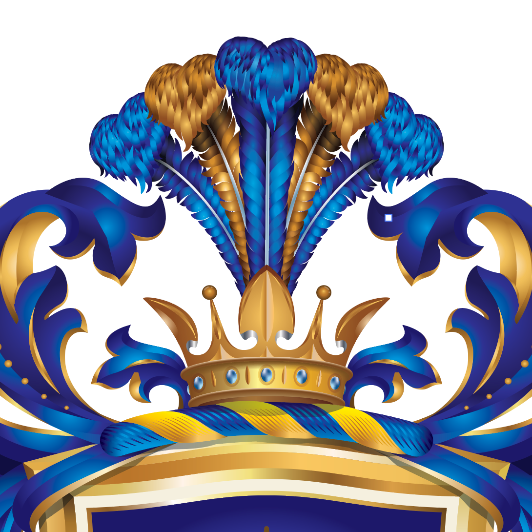 Close up of Abraham family crest with a gold crown, blue and gold feathers, and ornate blue and gold mantling on a white background.
