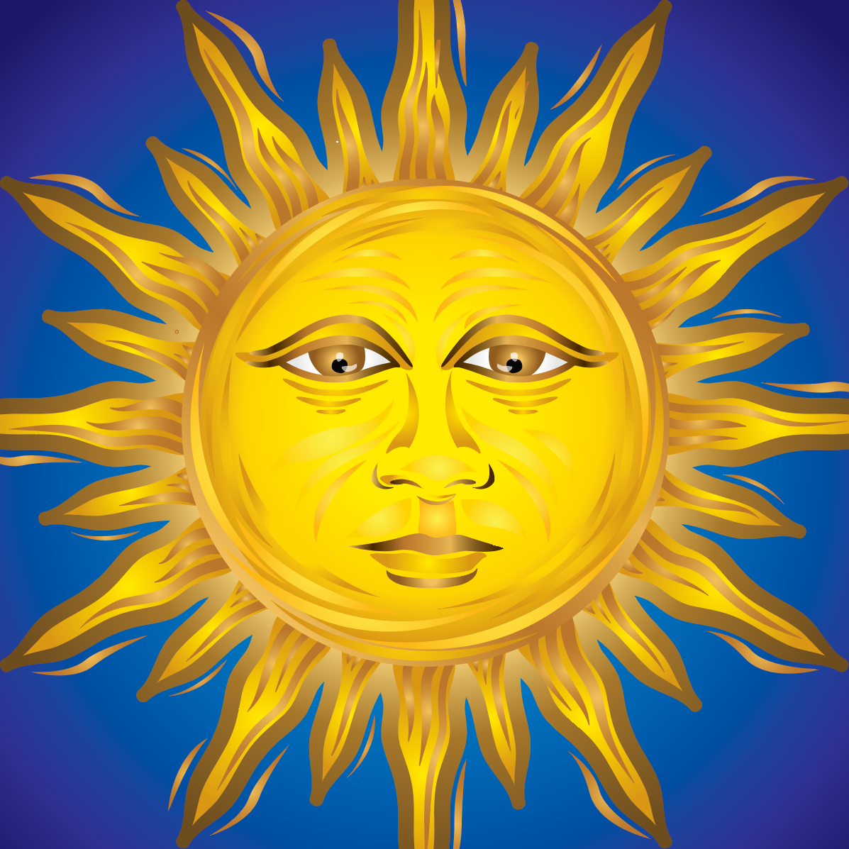 Close up of Abraham family crest with a golden sun with a human face and radiating rays on a blue shield-like background with a gold border.