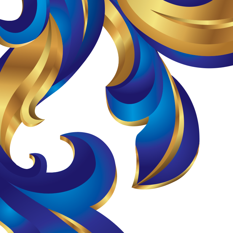 Abstract 3D ribbon design with flowing blue and navy layers outlined in metallic gold on a white background.