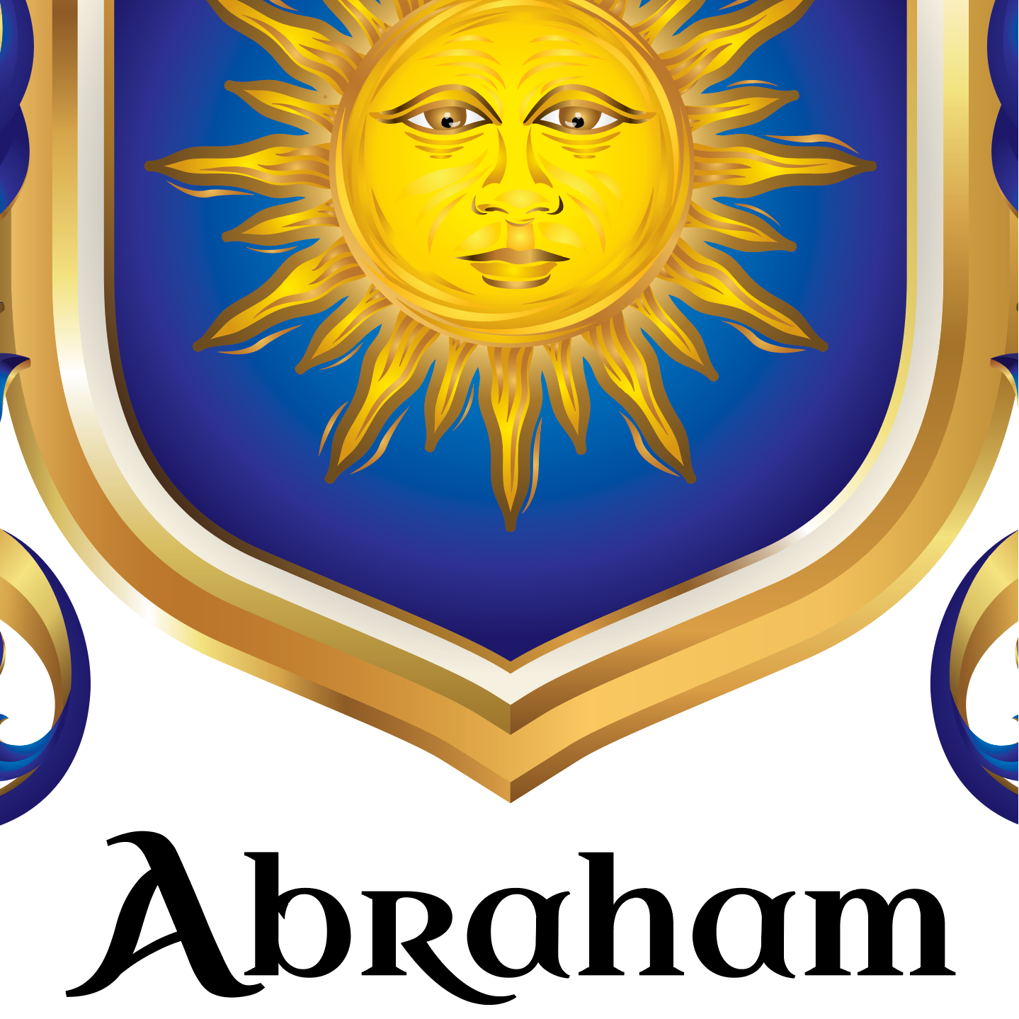 A heraldic shield design featuring a golden sun with a human face on a deep blue background, surrounded by a gold and white border. The name 'Abraham' is written in black serif font below the shield on a white background.