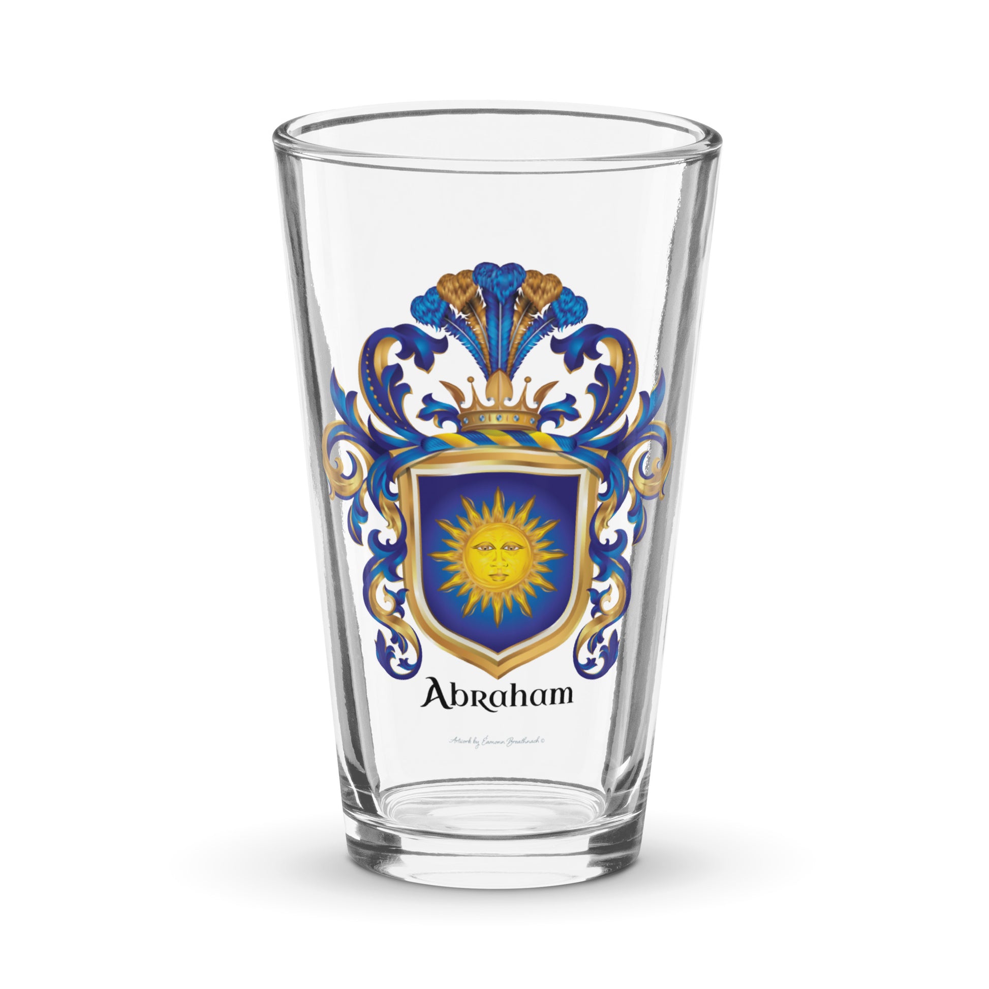 A pint beer glass with the Abraham Family Crest featuring a blue shield with a sun facemotif known as the "sun in splendour" 