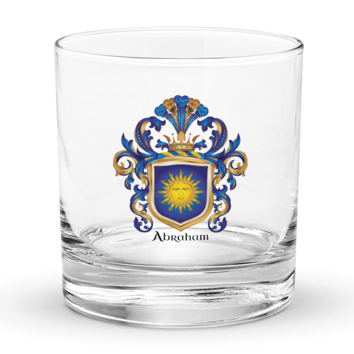 Abraham Family Crest Rocks Glass featuring a coat of arms with a blue shield with a sun face motif known as the "sun in splendour"  held up by a woman on a white background - Family Crests Store