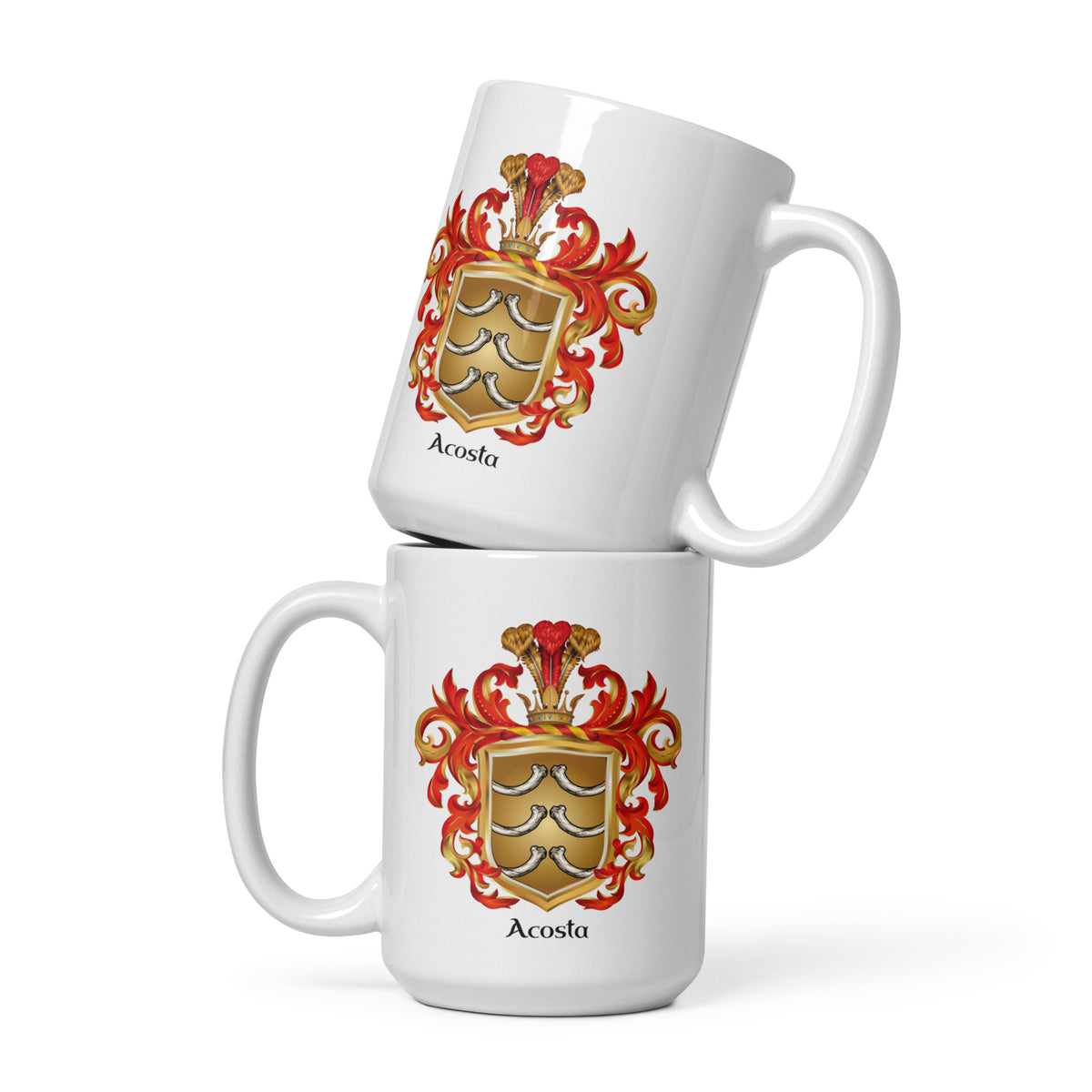 Two stacked white ceramic mugs with  Acosta family crest printed on them, set against a plain white background.