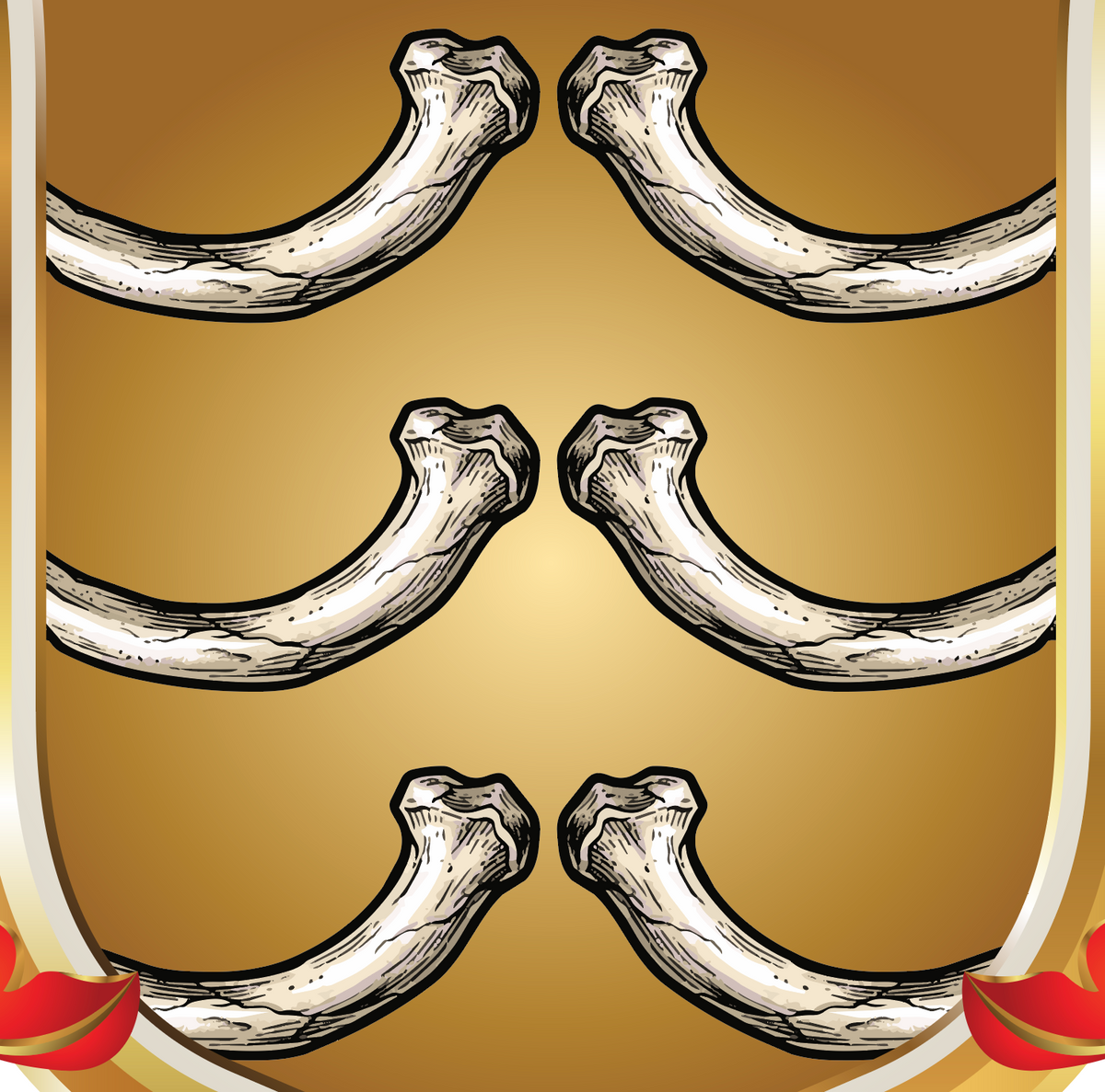A closeup of the Acosta coat of arms featuring a heraldic shield design with 6 rib bones on a gold shield.