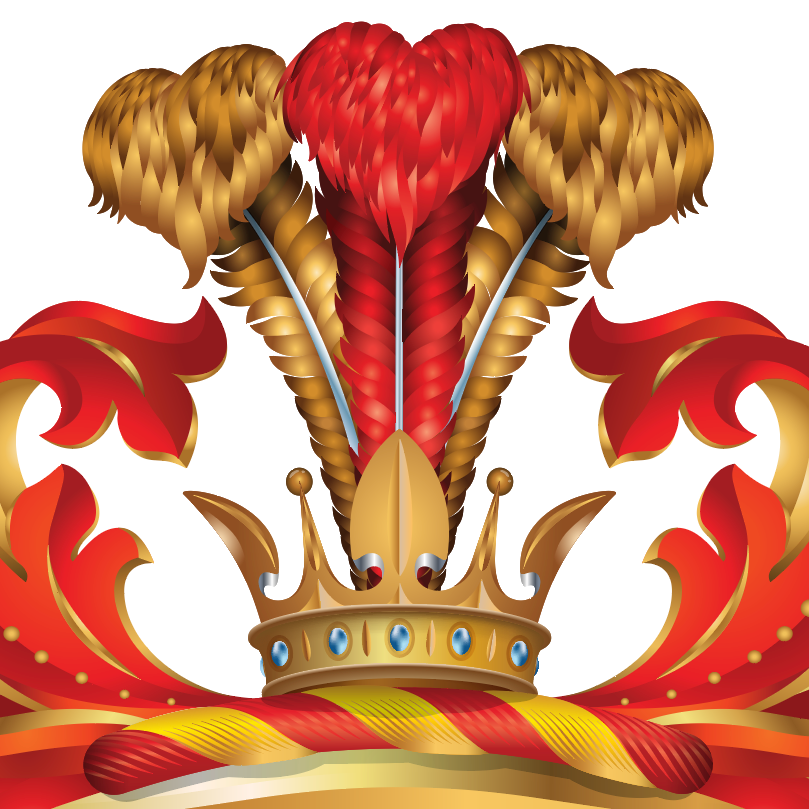 The crest of the shield on the Acosta coat of arms featuring a gold crown, red and gold feathers and mantling.