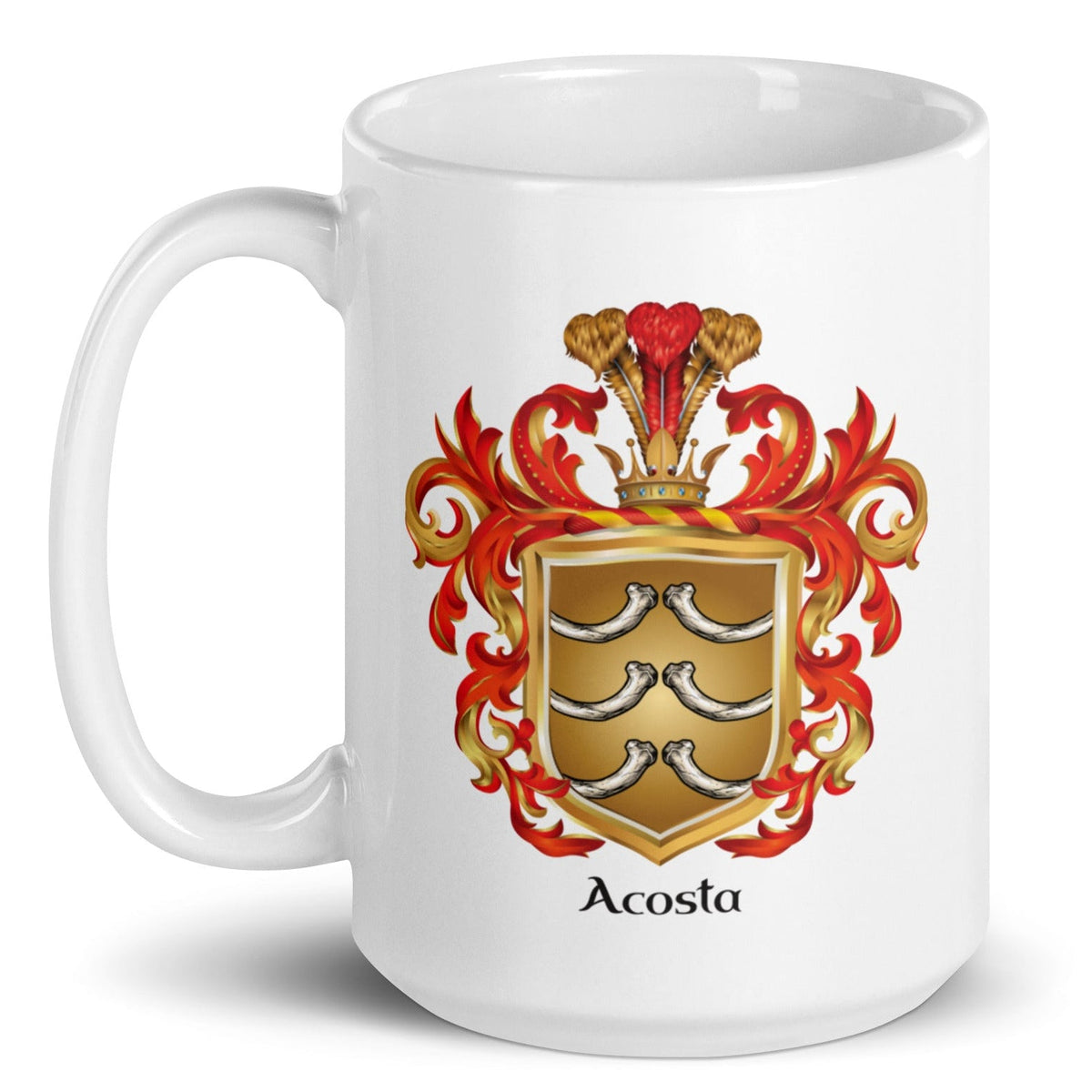 A white mug  with the Acosta Family Crest featuring six white rib bones on a gold shied