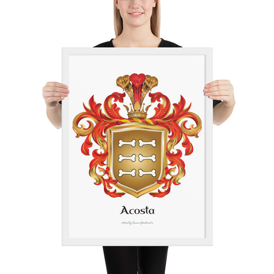 A woman holding a framed Acosta Family Crest print