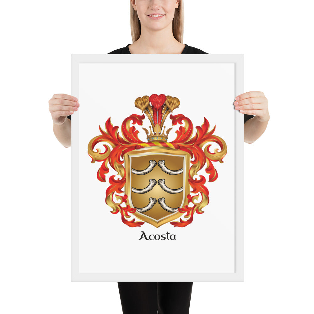 A woman standing at a white background holding an Acosta Family Crest framed print featuring six white bones on a gold shied