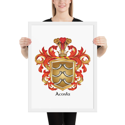 A woman standing at a white background holding an Acosta Family Crest framed print featuring six white bones on a gold shied