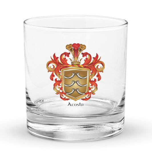 Acosta Family Crest rocks glass featuring six white bones on a gold shied