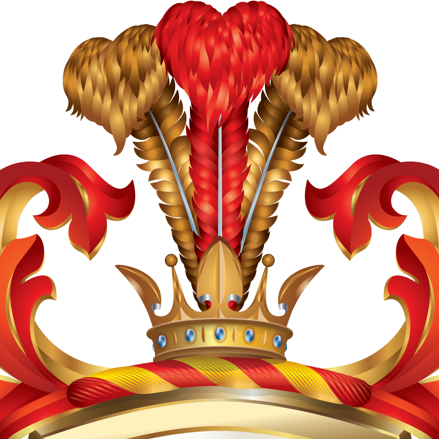 Adams-Family-Crest Coat of arms close up of decorative crest-style emblem featuring a red heart-shaped feather plume, two large gold feather plumes, a gold crown, and red-and-gold scrollwork on a white background.