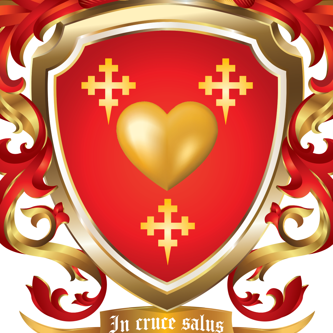 A heraldic shield design with a red field, gold border, a large gold heart in the center, three gold crosses, and ornate red and gold scrollwork. A banner at the bottom reads 'In cruce salus'.